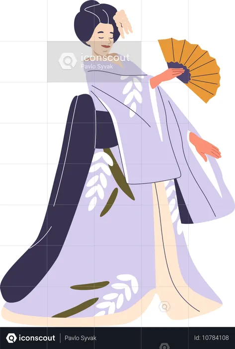 Traditional Japanese Dancer In Kimono Holding Fan  Illustration