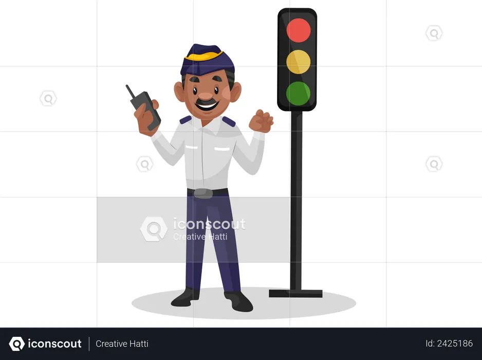Traffic cop standing near traffic signal with walkie talkie in hand  Illustration