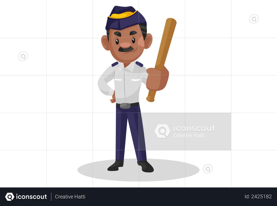 Traffic police constable holding wooden pipe in hand  Illustration