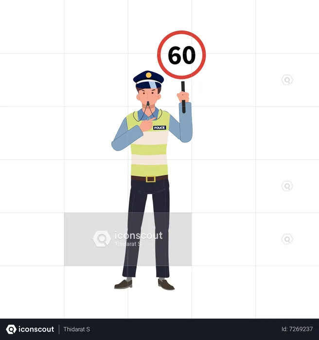 Traffic police is blowing whistle holding speed limit sign  Illustration