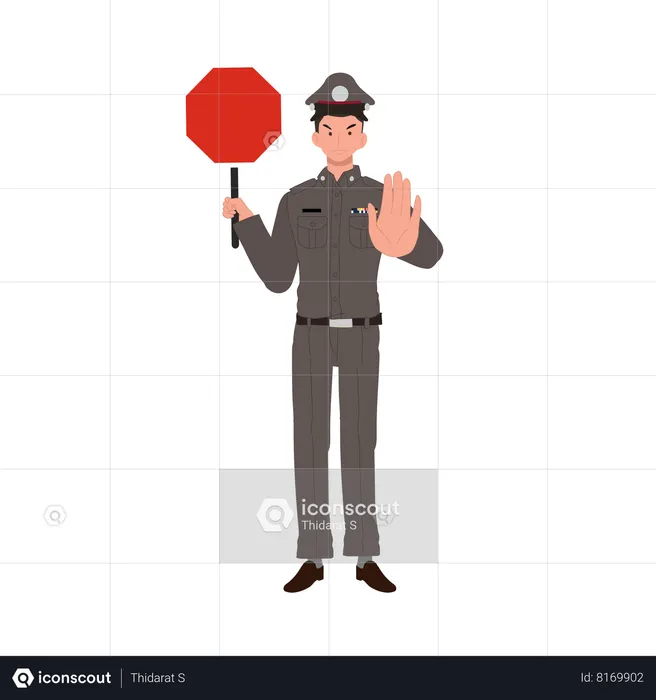 Traffic police stops traffic with red board  Illustration