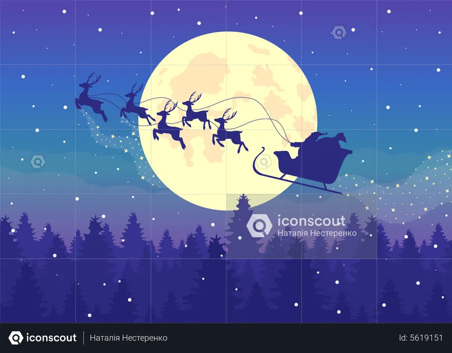 Traîneau du Père Noël avec silhouette de rennes sur le ciel nocturne  Illustration