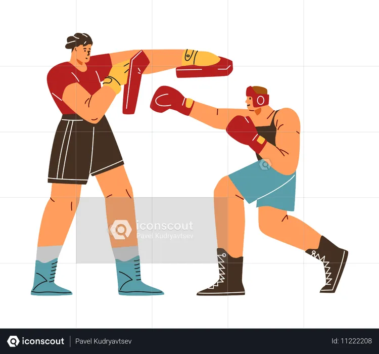 Trainer training male boxer  Illustration