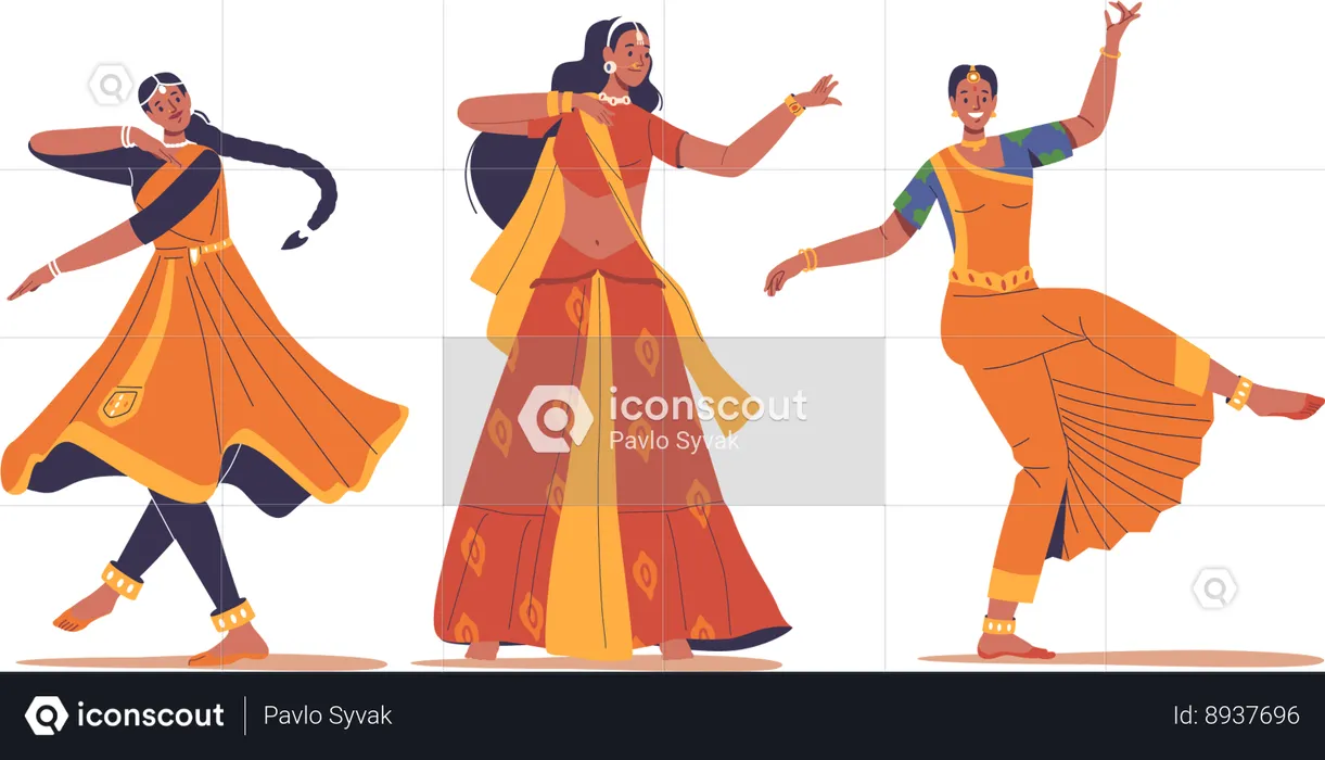 Trajes vibrantes caracterizan las danzas de las mujeres indias  Ilustración