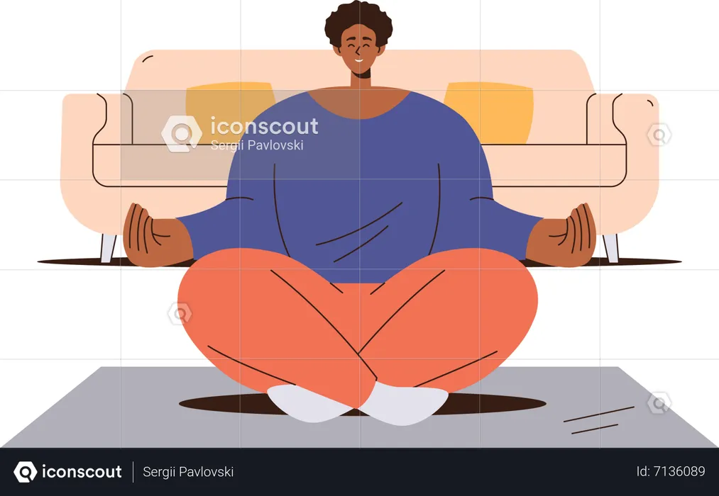Tranquil woman meditating in lotus asana training yoga class  Illustration