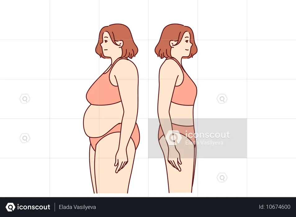 Transformación de mujer gorda y perdida de peso gracias a dieta y estar en traje de baño  Ilustración