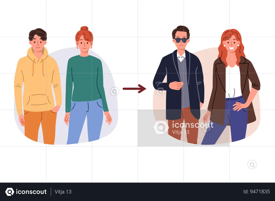 Transformation of image man and woman who changed clothes to change look and style  Illustration