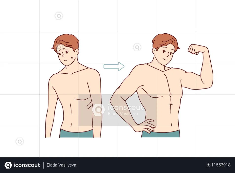 Transformation of weak man into strong one through hard training and proper nutrition  Illustration