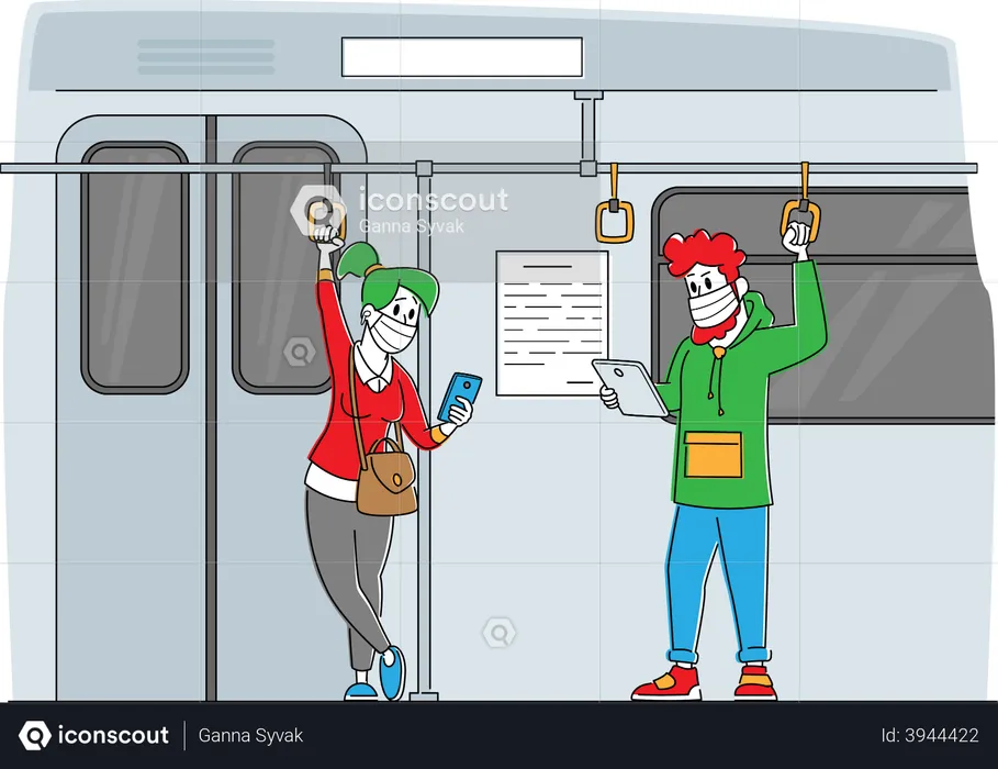 Transporte de passageiros no trem do metrô durante a Covid19  Ilustração