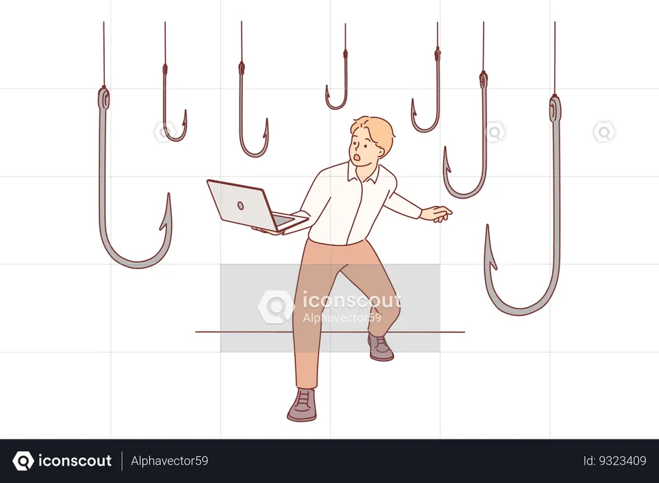 Trap hooks around man with laptop as metaphor for dangers of deception and scammers on internet  Illustration