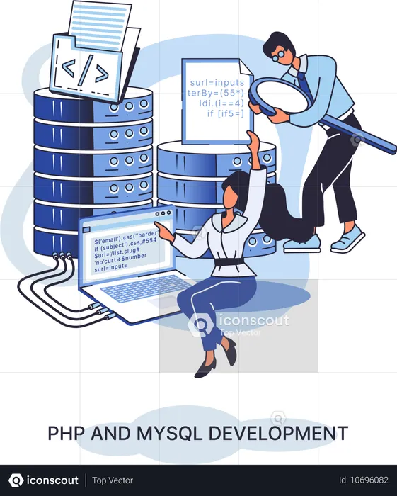 Équipe travaillant sur le développement PHP et MySql  Illustration