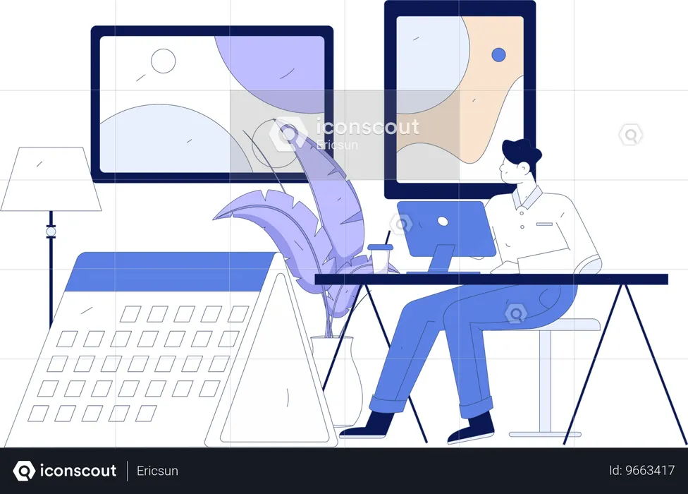 Travail virtuel effectué par un homme d'affaires  Illustration