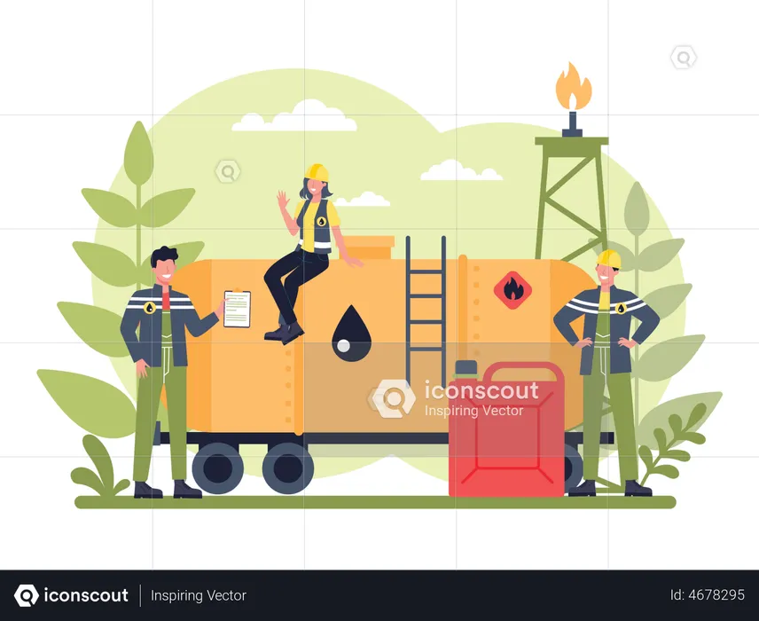 Travailleur de l'industrie debout près d'un pétrolier avec rapport  Illustration