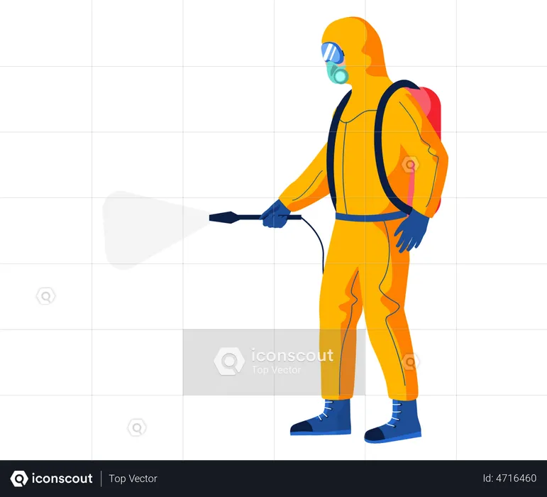 Travailleur désinfectant portant une combinaison de protection contre les matières dangereuses  Illustration