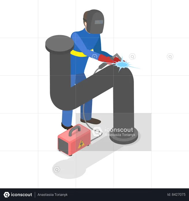 Travailleur effectuant du soudage à l'aide d'un masque et de gants de protection  Illustration