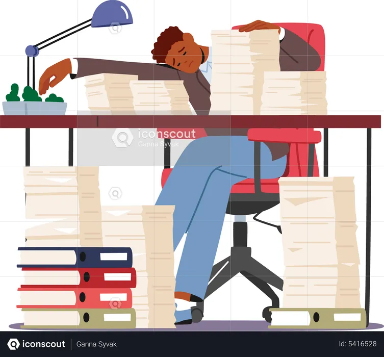 Un travailleur fatigué dort sur un bureau avec des piles de papier  Illustration