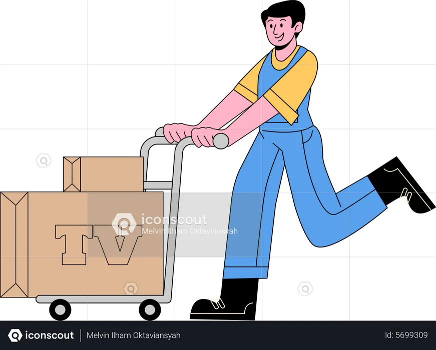 Travailleur poussant un chariot de télévision  Illustration