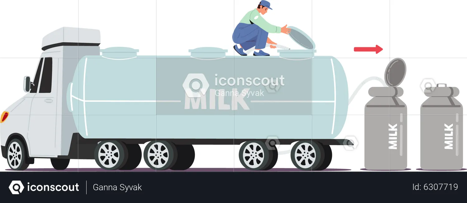 Un travailleur masculin verse du lait frais du réservoir de la voiture dans des conteneurs métalliques pour la distribution  Illustration