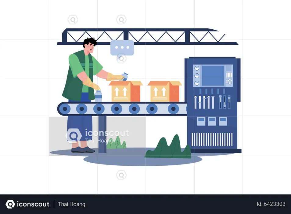 Travailleurs masculins emballant des paquets de lait dans une unité de fabrication  Illustration