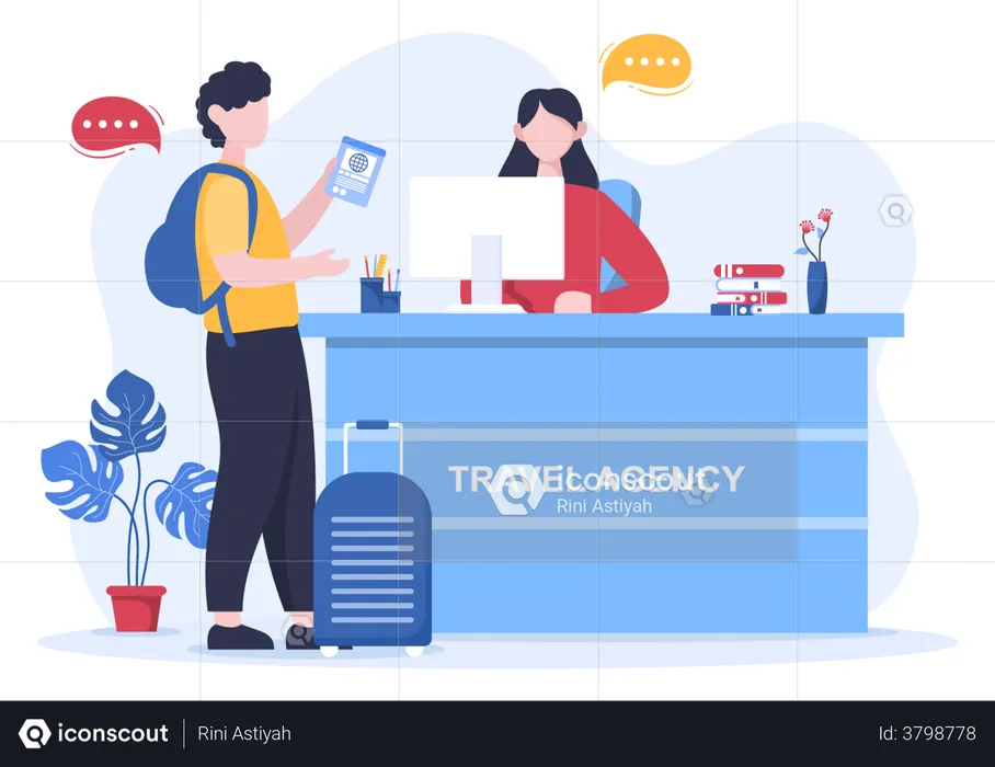 Travel Agency helping man to book flight  Illustration