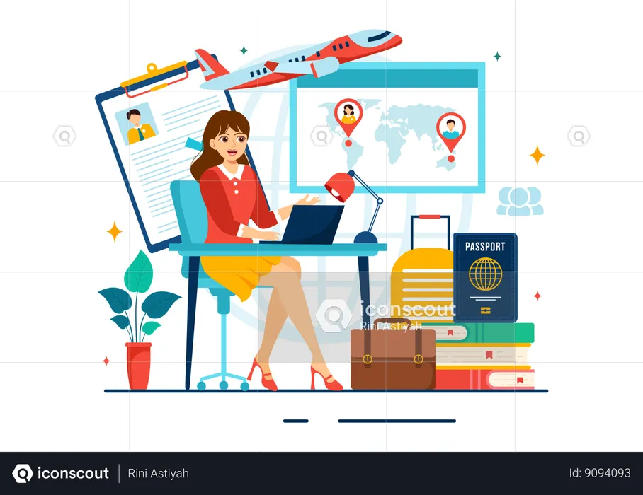 Travel agent books international flight  Illustration