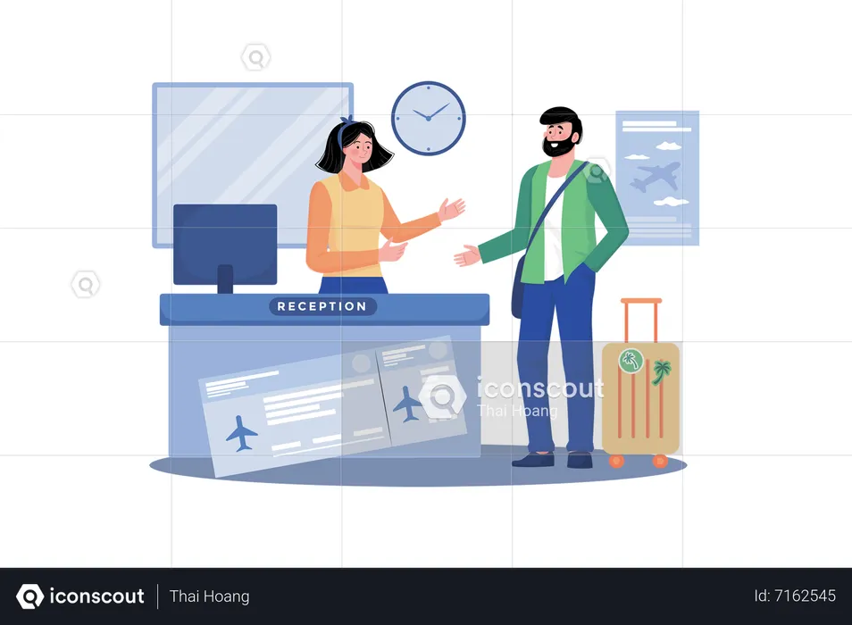 Travel agent helping clients book flights and accommodations for a holiday  Illustration