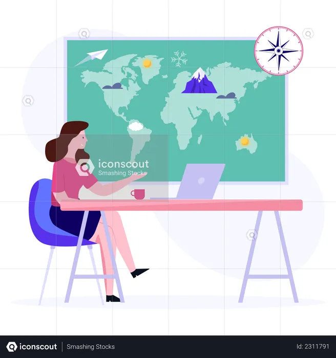 Travel company owner working on laptop  Illustration