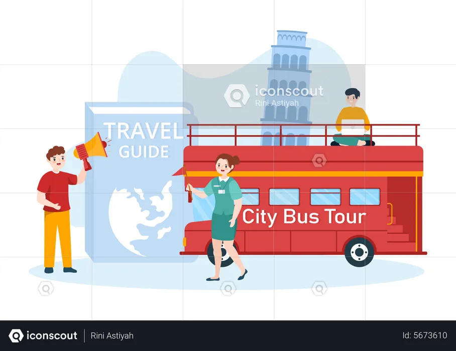 Travel guide on city tour bus  Illustration