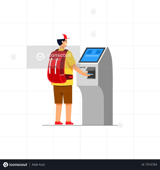 Traveler buying trip ticket with automatic contactless cashier machine.  Illustration