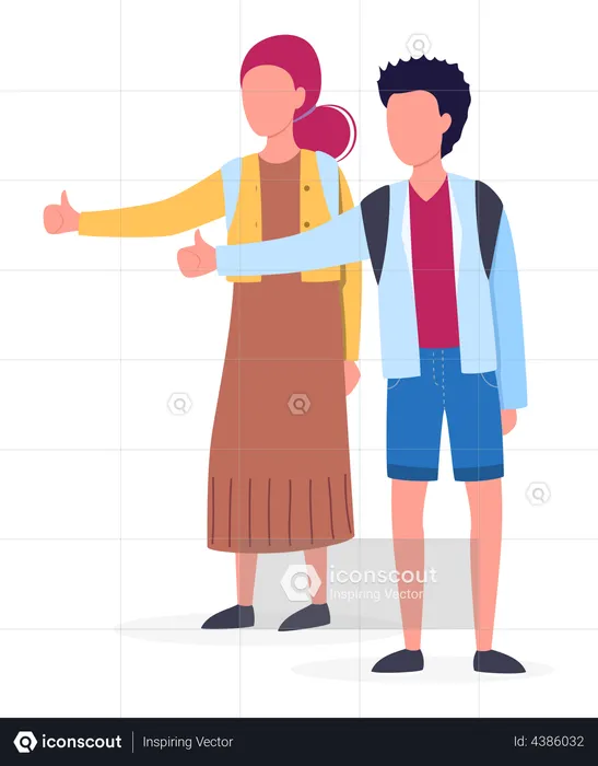 Traveler Couple with backpack and Hitchhiking  Illustration