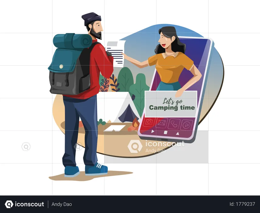 Traveler get customer support in forest or camping via smartphone  Illustration