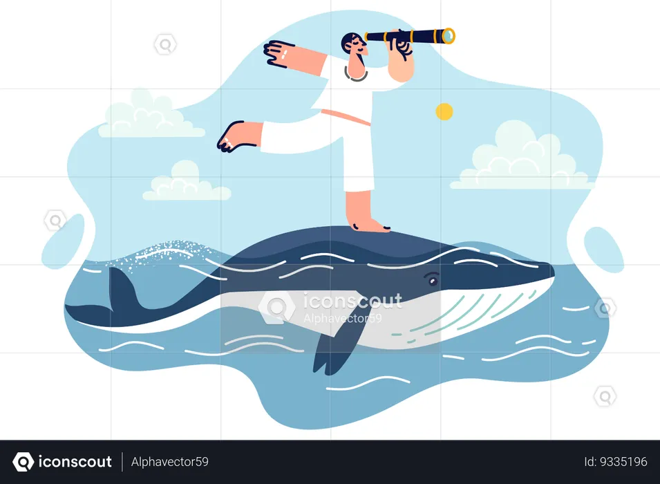 Traveler is looking for adventures by crossing sea on huge whale  Illustration