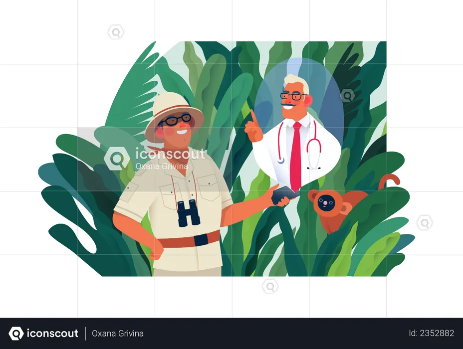 Traveler man talking online with a doctor  Illustration
