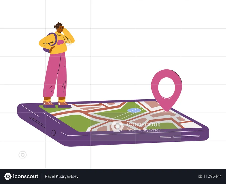 旅行者が地図と位置表示を持った大きな携帯電話の上に立っている  イラスト