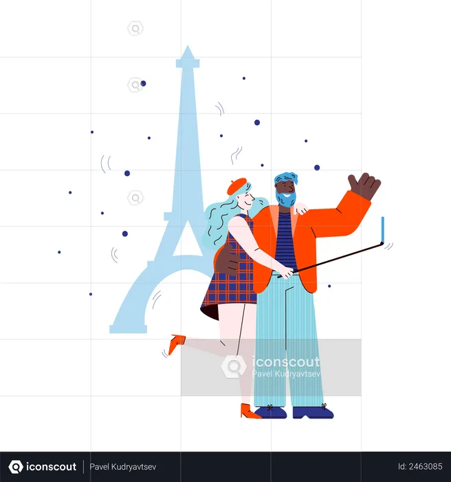 Traveling couple taking selfie with mobile device on Eiffel Tower backdrop  Illustration