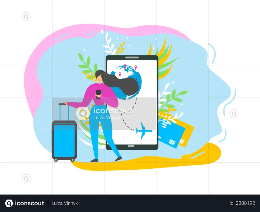 Traveling Woman Searching Flight Schedules, Planning Travel, Booking Flight Tickets with Mobile Application  Illustration
