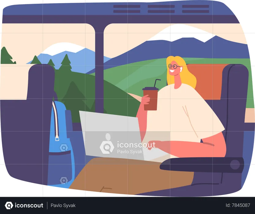 Traveling Woman Uses Her Laptop On A Bus  Illustration