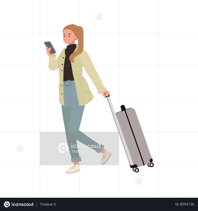 Traveling Woman with Carry On Luggage Using Smartphone  Illustration