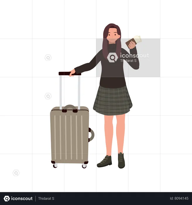 Traveling Woman with Luggage and Boarding Pass  Illustration