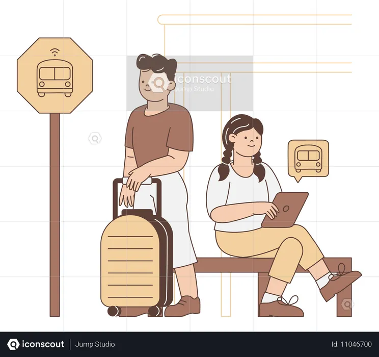 Travellers waiting for bus at bus stop  Illustration