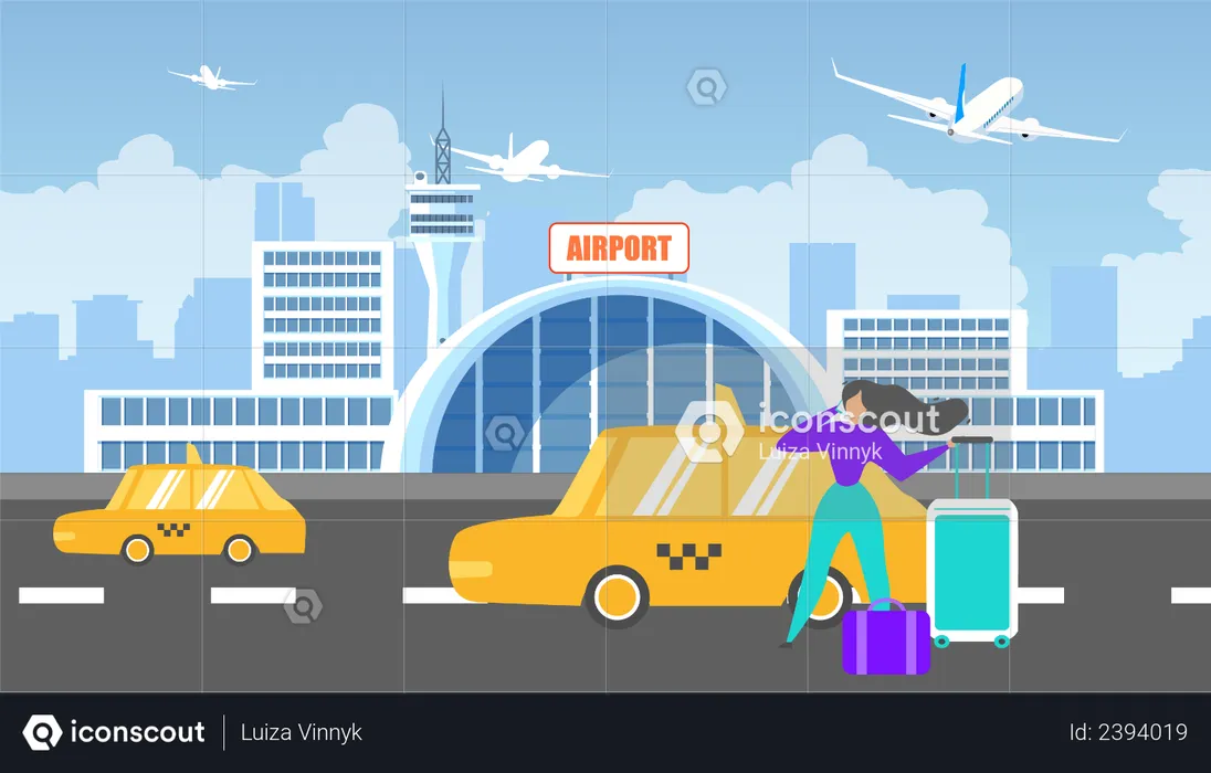 Travelling to Airport with Taxi Service  Illustration