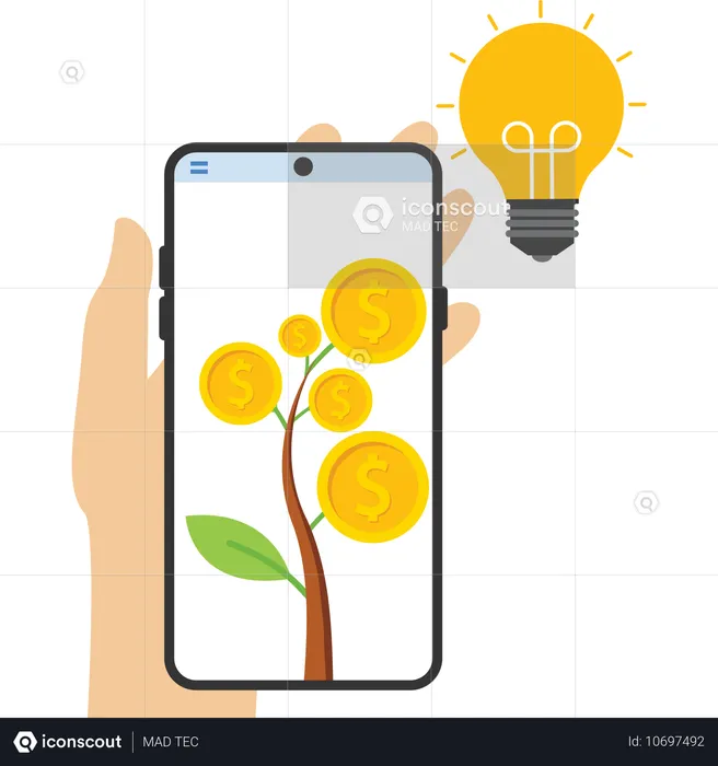 Tree of money from bulb idea in mobile  Illustration