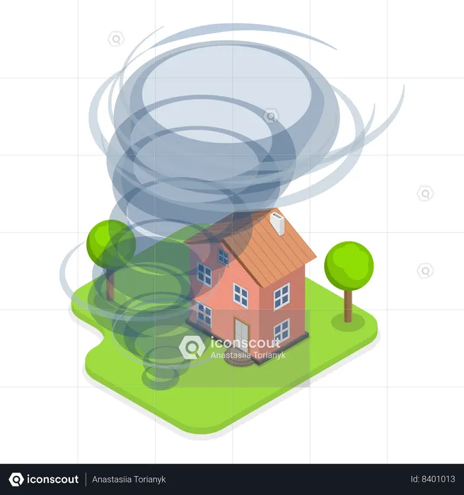 Trees and houses are damaged by tornado  Illustration