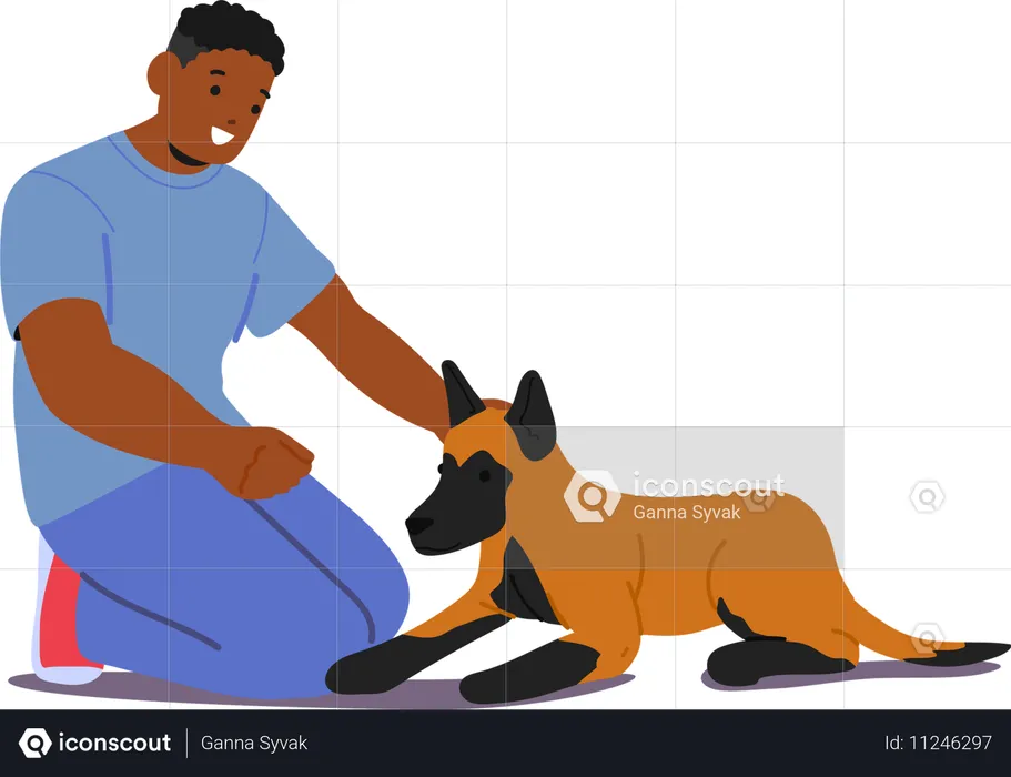 Treinador de cães comandando cão obediente  Ilustração