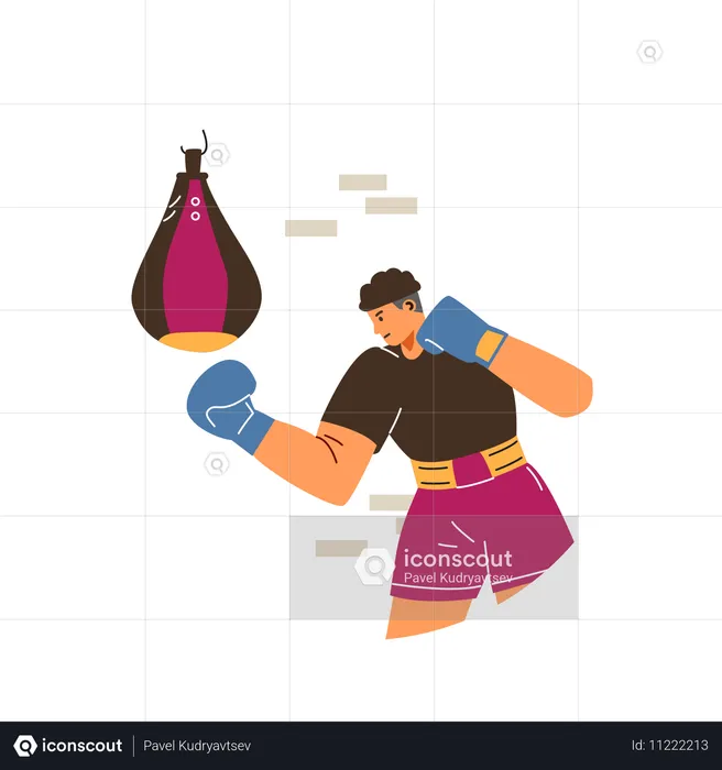 Boxeador masculino treinando com saco de pancadas  Ilustração