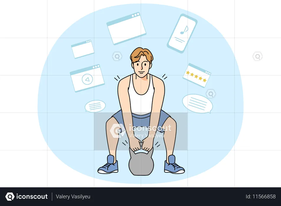 Treino de homem forte com barra na academia  Ilustração