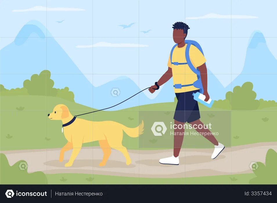 Trekker walk with dog companion  Illustration