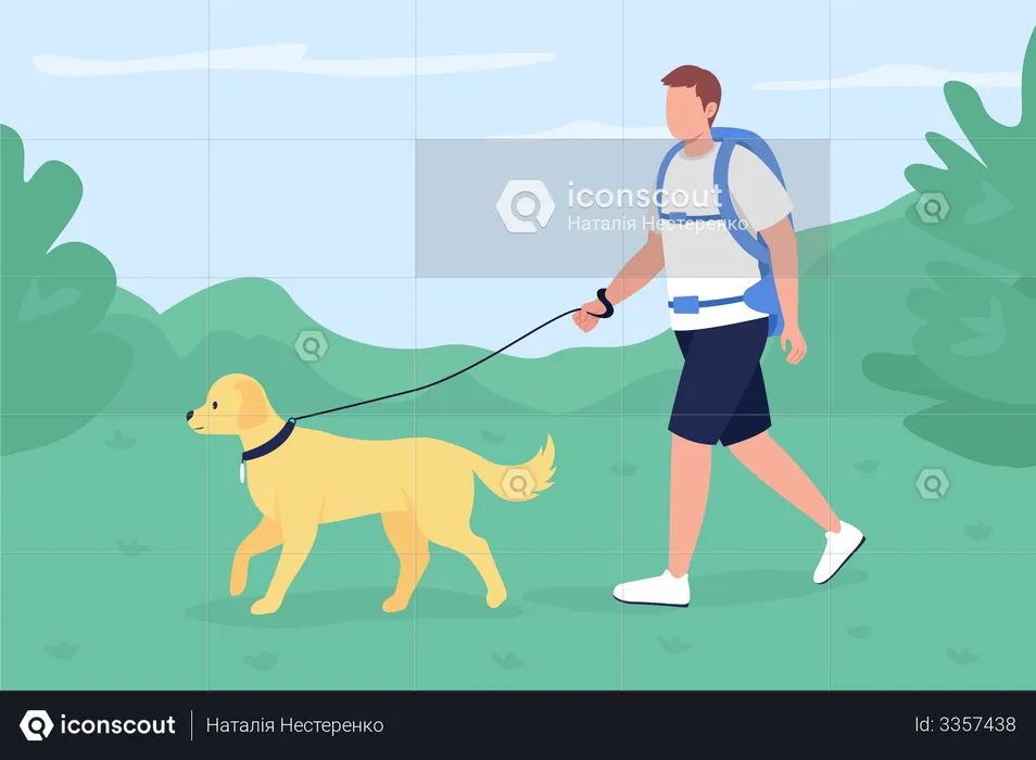 Trekker walk with dog in countryside  Illustration