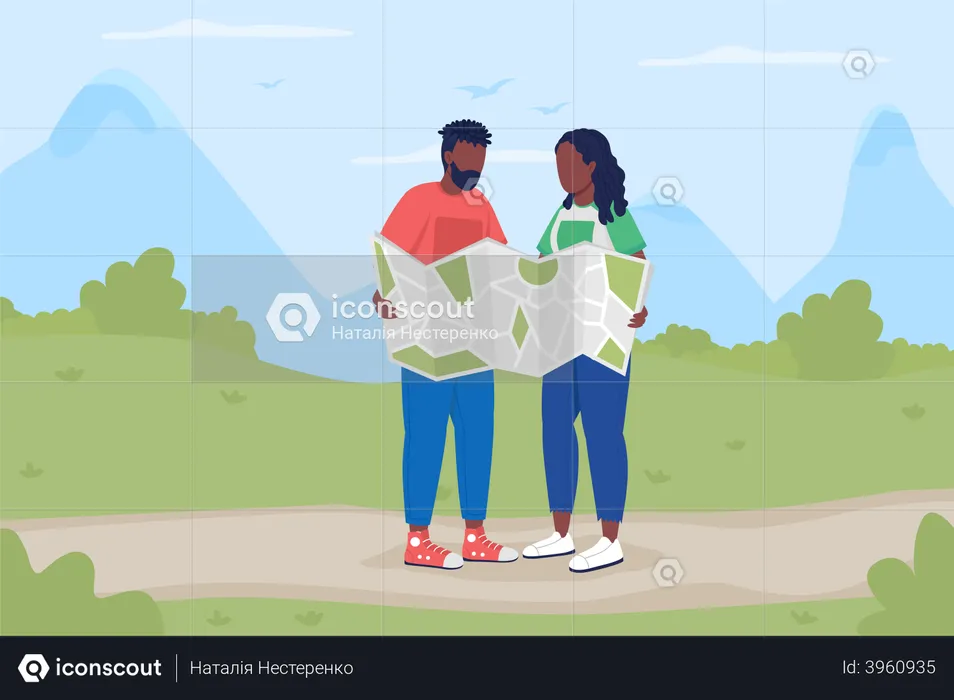 Trekkers with map on road  Illustration
