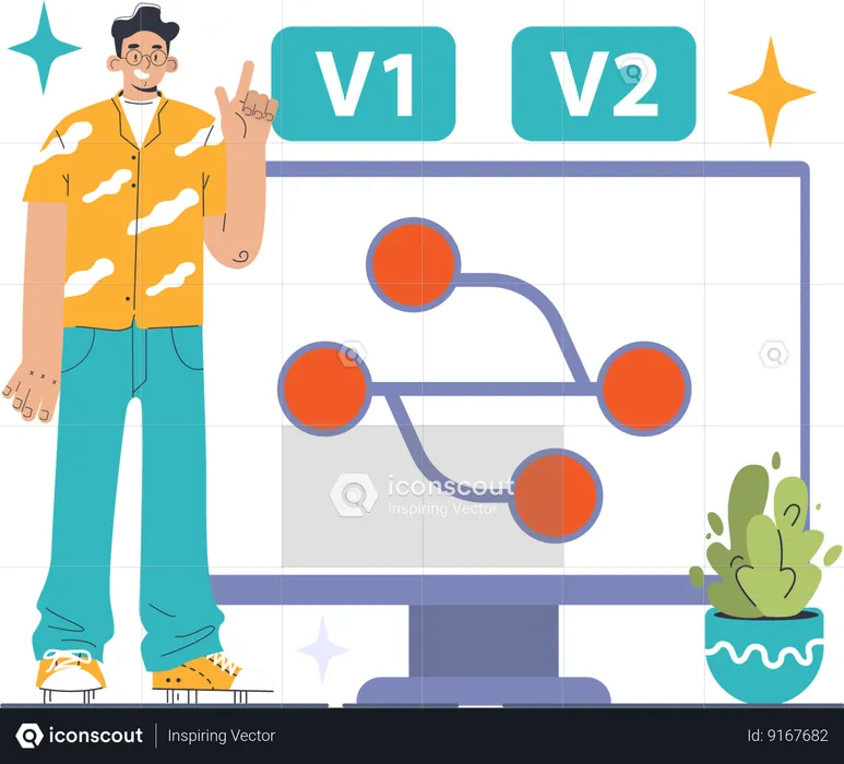 Trendy developer showcasing progression from V1 to V2 on monitor  Illustration